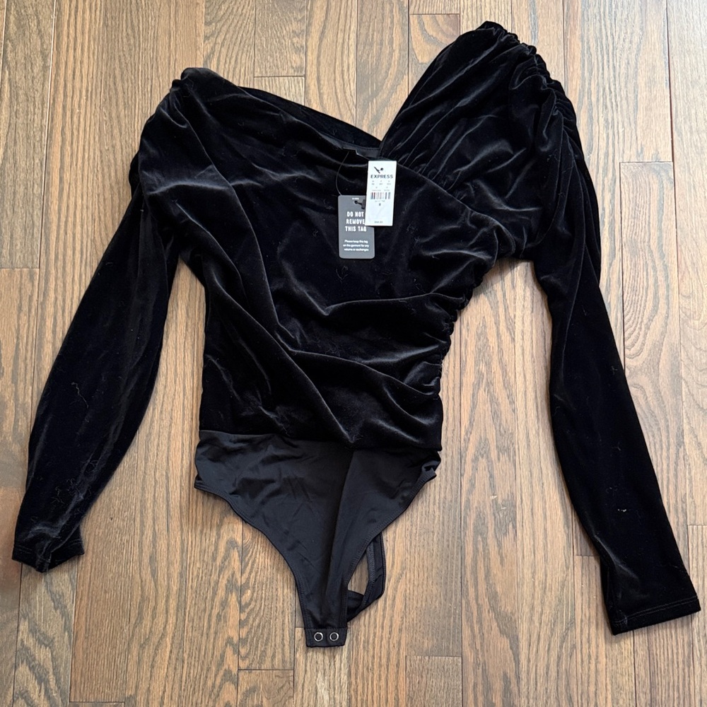 Express Black Velvet V-Neck Ruched Long Sleeve Bodysuit